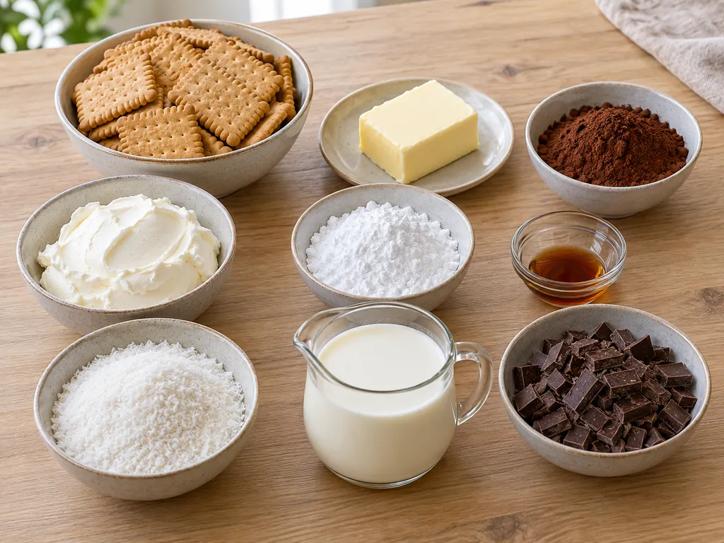 Keksz, vaj, kakaó, mascarpone, cukor, vanília, kókusz, tejszín és étcsokoládé