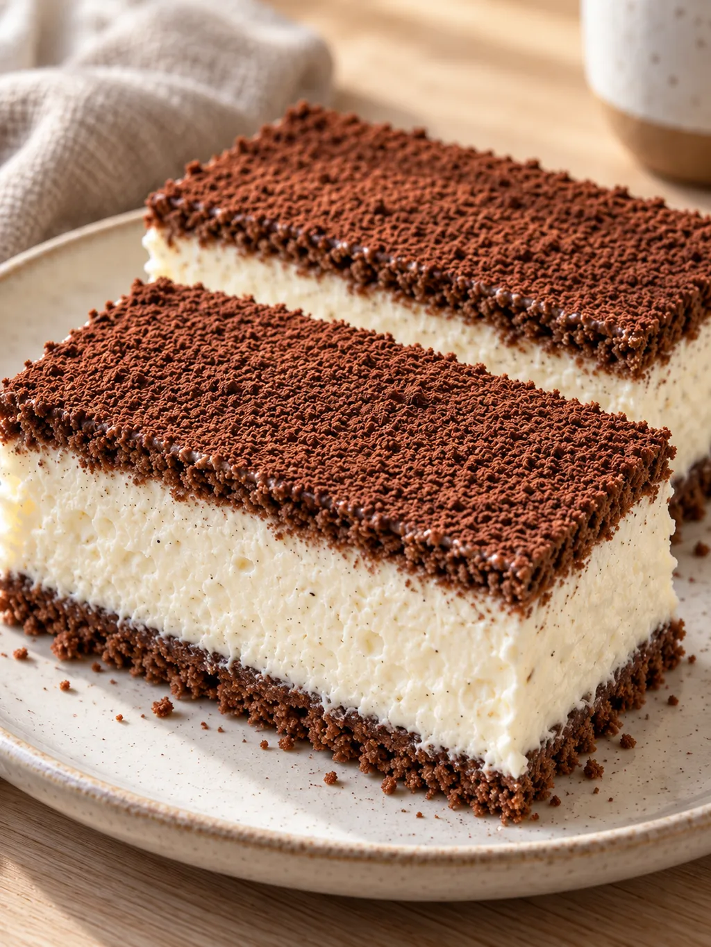Két kakaós kekszes tejszínszelet vastag, fehér mascarponés krémréteggel
