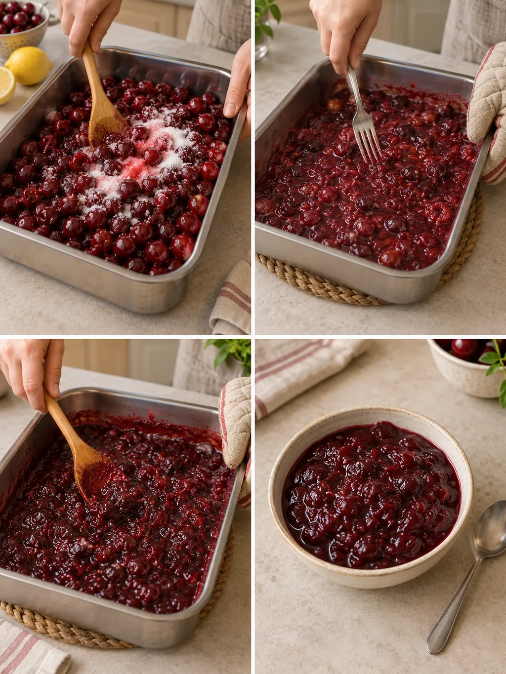 A meggylekvár összekeverése, összetörése, sűrítése és a kész darabos lekvár