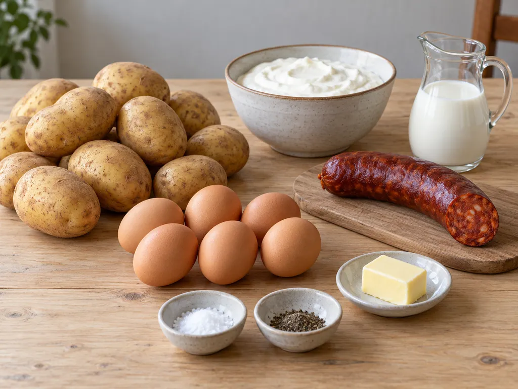 Burgonya, hat tojás, kolbász, tejföl, tej, vaj, só és bors a rakott krumplihoz