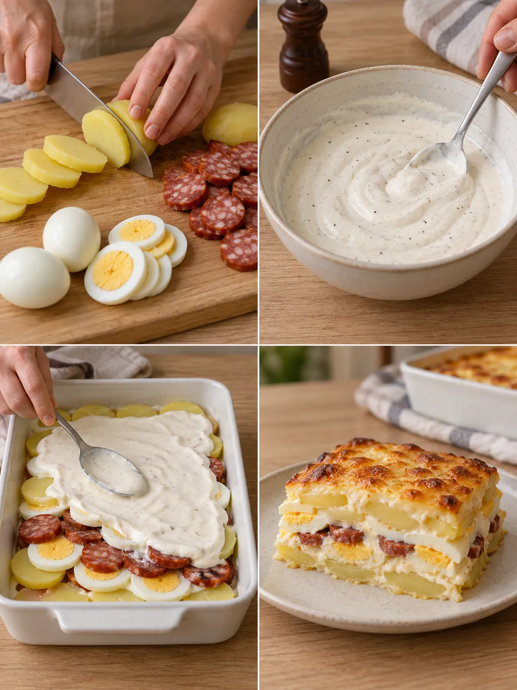 Burgonyaszeletelés, tejfölkeverés, rétegezés és a kész rakott krumpli
