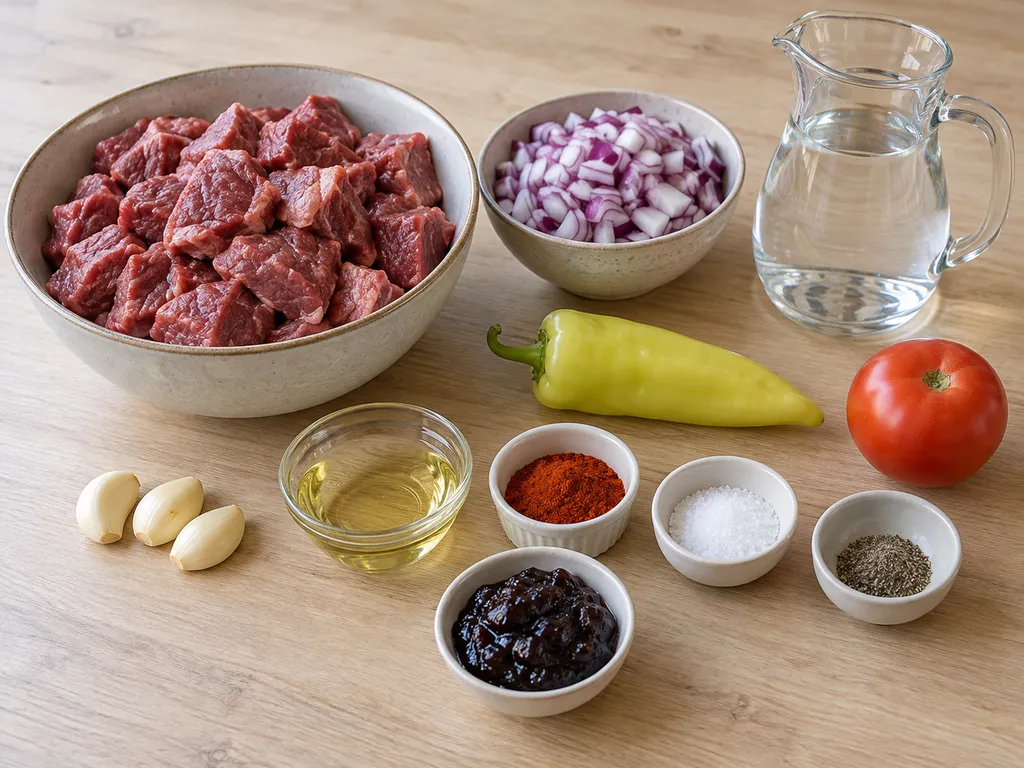 Marhalapocka, hagyma, paprika, paradicsom és szilvalekvár a pörkölt hozzávalói mellett