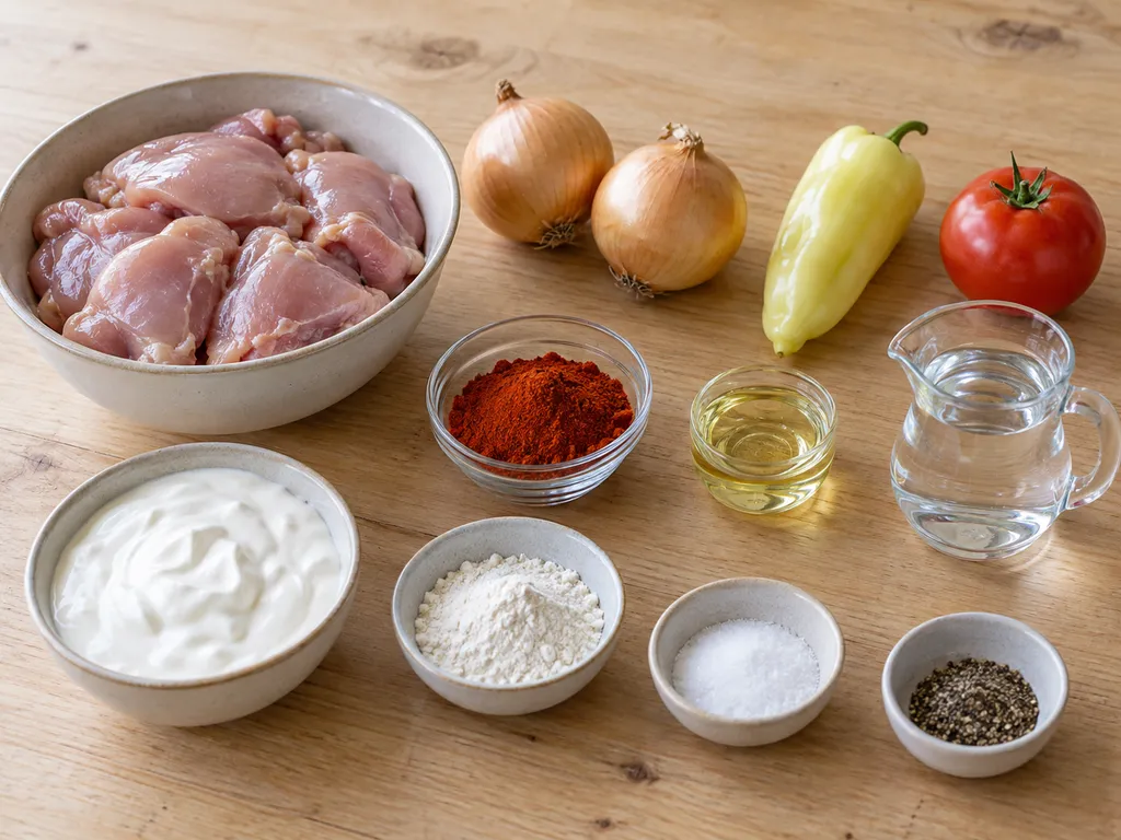 Csirkecomb, hagyma, paprika, paradicsom, tejföl és liszt a csirkepaprikáshoz