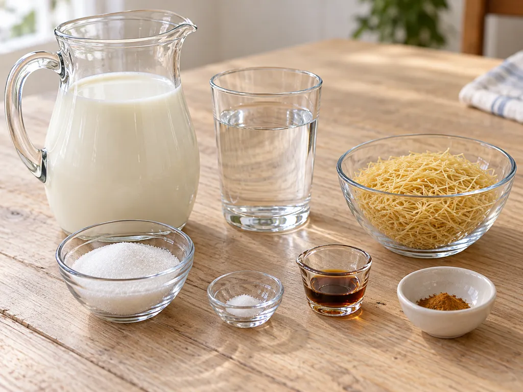 Tej, víz, cérnametélt, cukor, só, vanília és fahéj külön edényekben