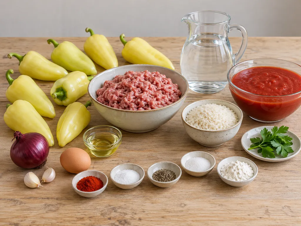 Paprika, darált sertéshús, rizs és paradicsommártás alapanyagai