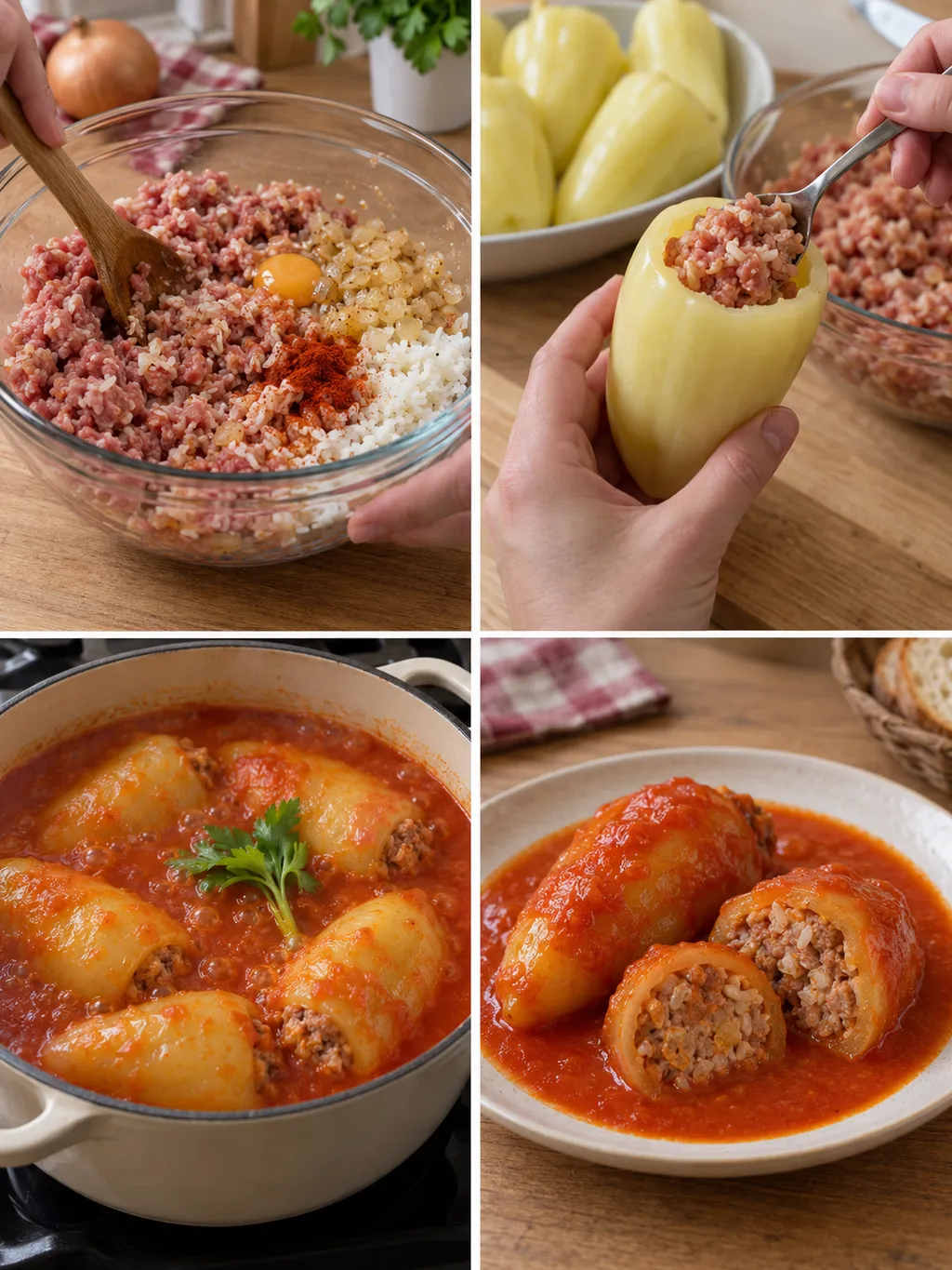 A töltelék keverése, a paprika megtöltése, főzése és a kész paradicsomos étel