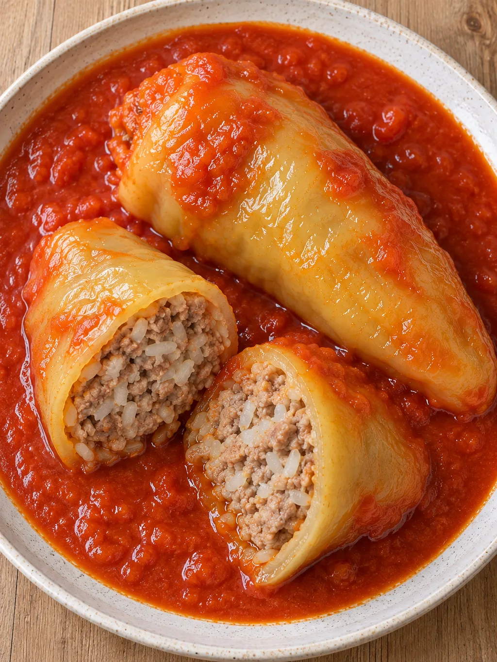 Puha töltött paprika látható húsos-rizses belsővel és bőséges paradicsommártással