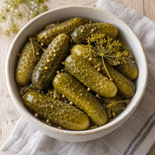 Kapros ecetes uborka mustármaggal, világos kerámiatálban
