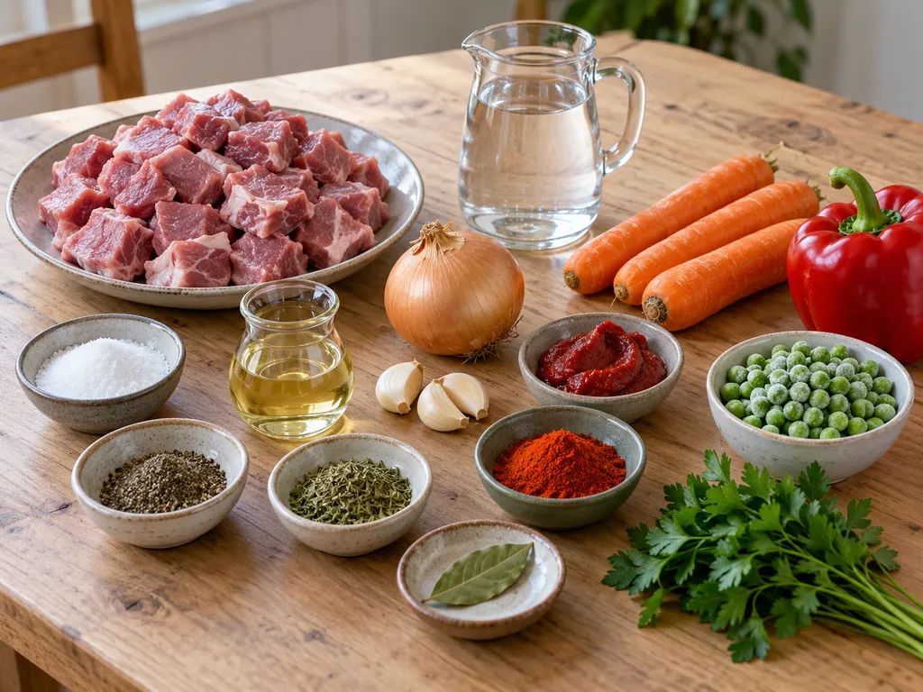 Sertéslapocka, répa, paprika, borsó és a ragu fűszerei külön edényekben