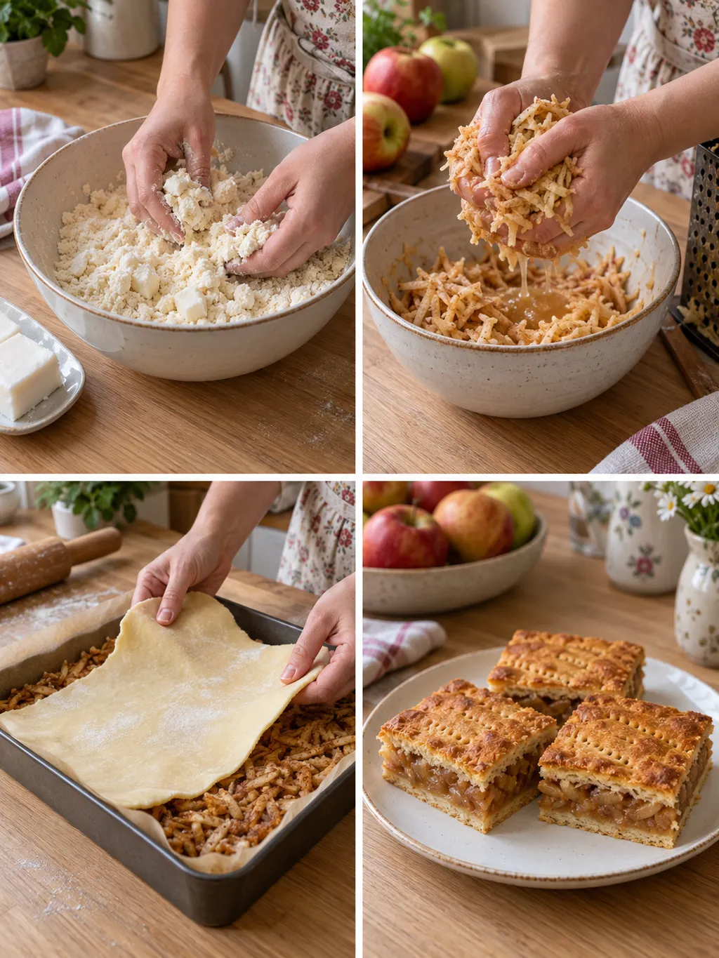 A zsíros almás pite készítése a tészta morzsolásától a megsült szeletekig