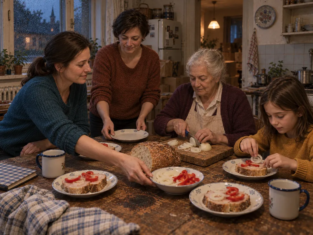 Mama hagymát szeletel, Lili a saját kenyerére tesz belőle, Eszter és Vera pedig előkészíti a vacsorát.