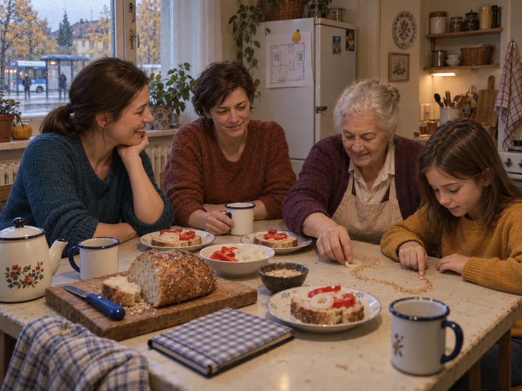 Az új konyhában Lili morzsákból utat készít, mama hagymaszelettel játszik vele, a család pedig együtt nevet.